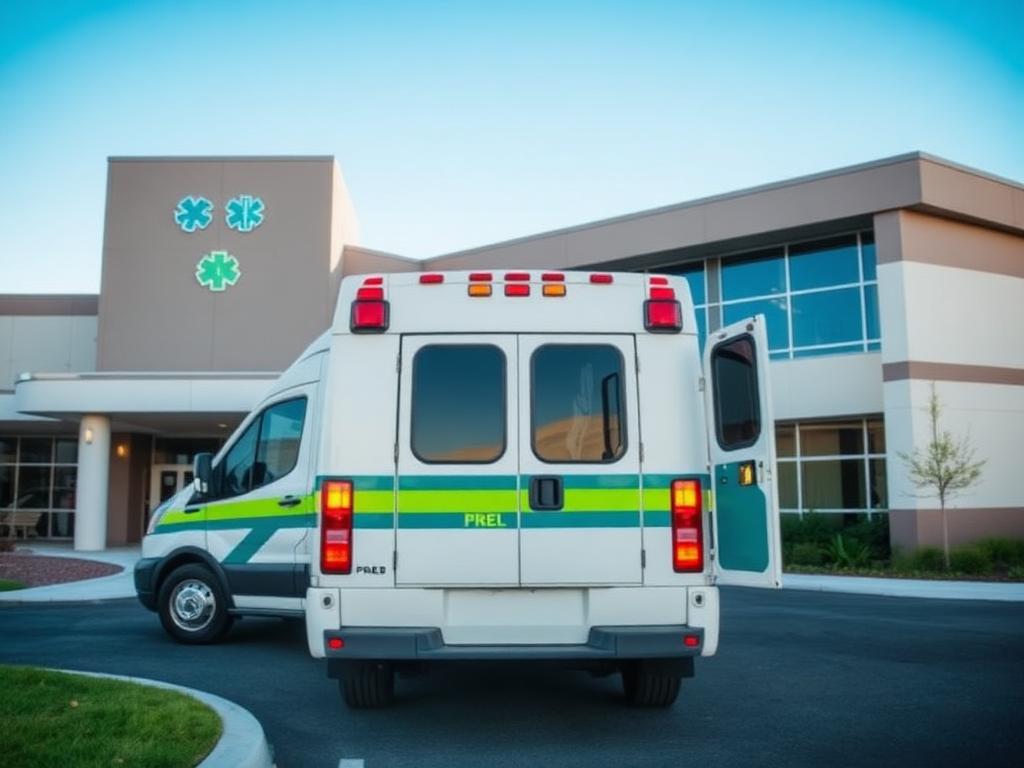 Medical transportation van outside a healthcare facility